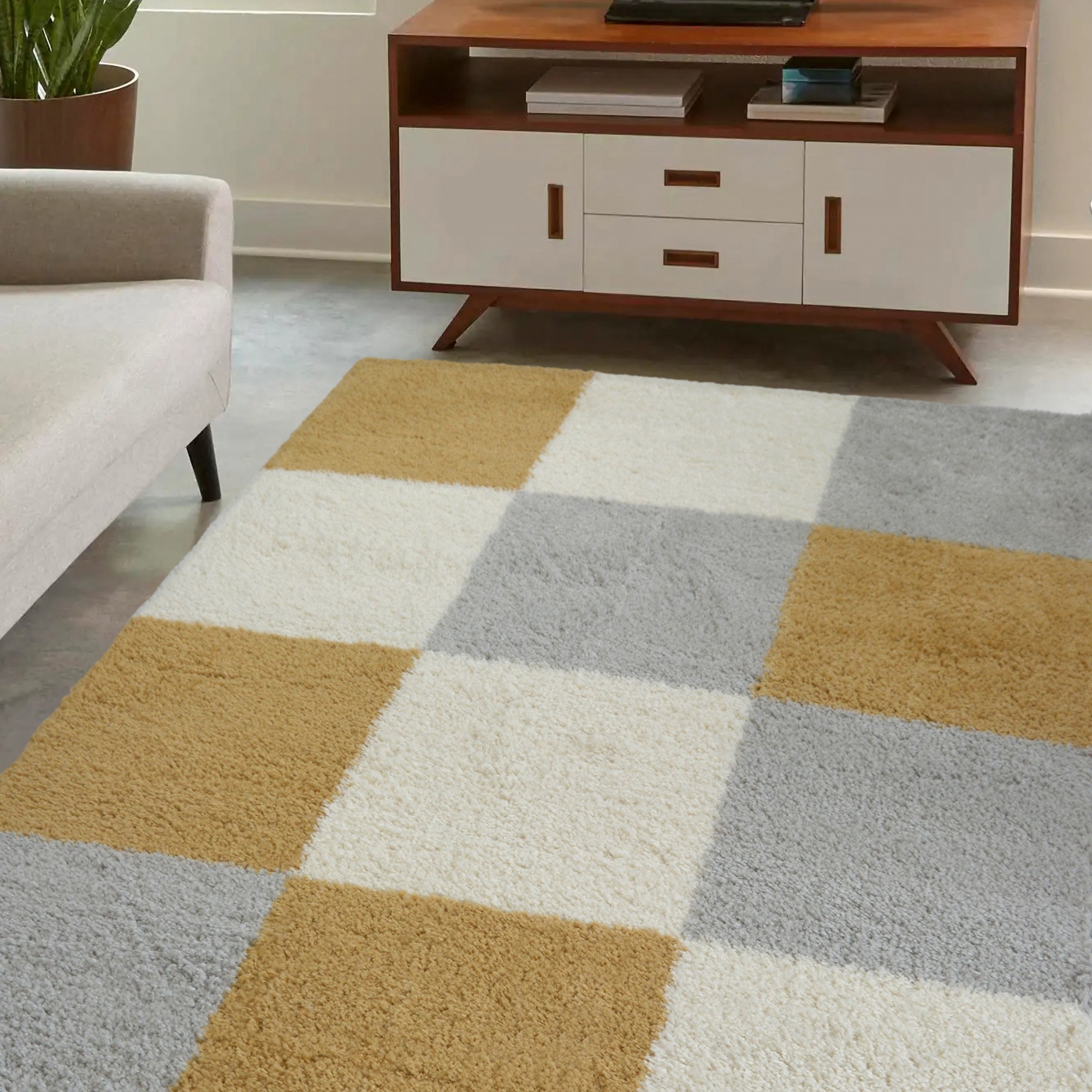 Snug Blocks Shaggy Geometric Rugs In Ochre Yellow